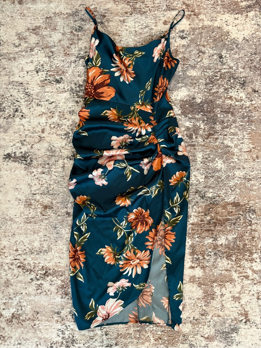 Floral Ruched Teal Slip Dress with Orange Bloom
